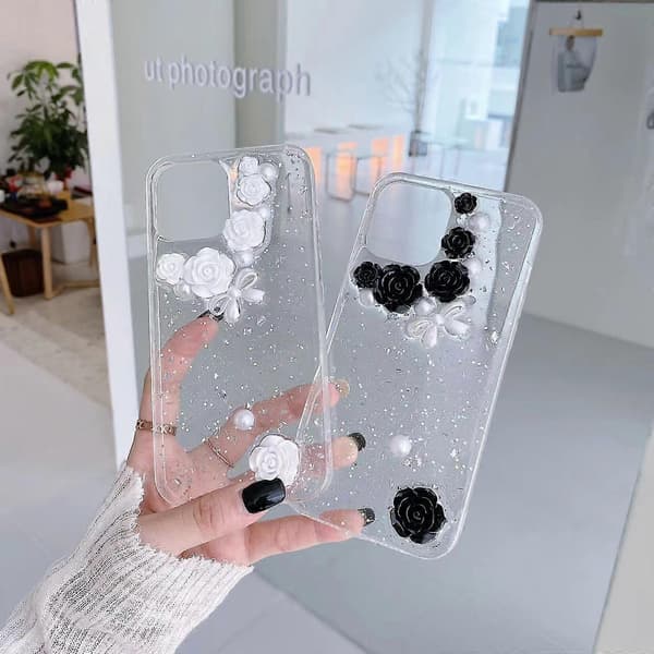 Til iPhone 12 mini 3D Perleroset Rose Glitter Epoxy TPU Telefoncover