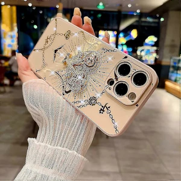 iPhone 16 Pro Max skal med stativ TPU+PC strass dekor telefonfodral - Vit