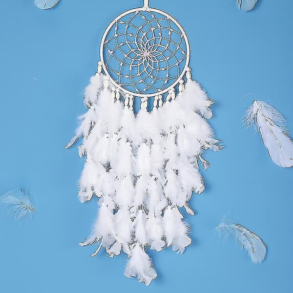 LED Drømmefanger Veggdekor Hvit Fjær Drømmefanger Med Lys, Håndlaget Perle Boho Vevd Kunst Ornament