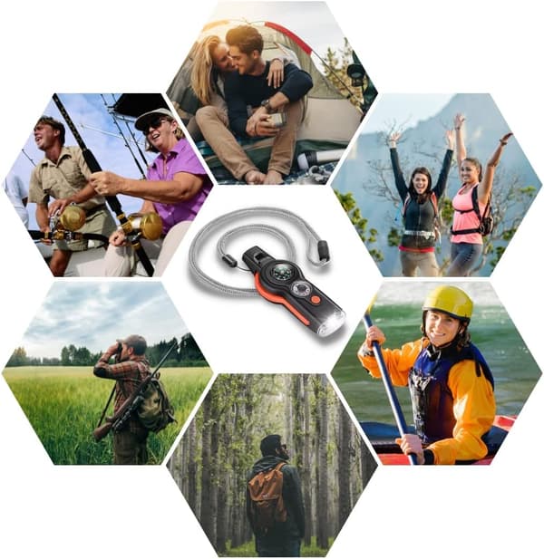 Emergency Survival Whistle 2 Pack 7 in 1 Safety Whistle with Compass Thermometer LED Light Magnifier Reflector