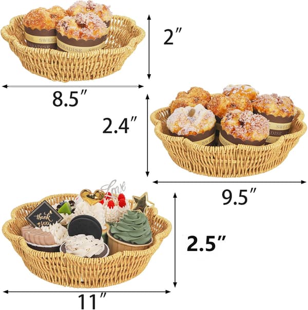 3-pack polykorgar för bröd, imiterade rottingfruktkorgar, handvävda runda vågiga bordskorgar för servering av mat, frukt, grönsaker