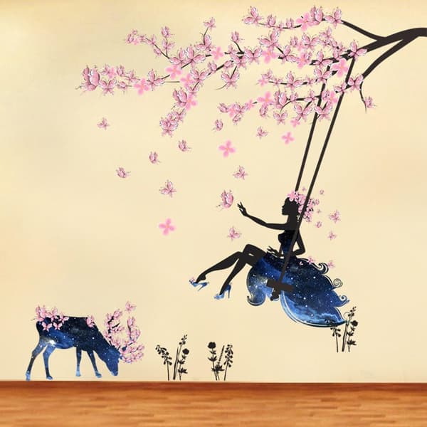 Girl on a swing & moose silhouette wall decals with pink butterfly