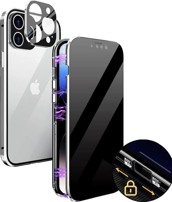 iPhone 16 Pro Max Magnetic Privacy Case with Metal Frame, Double-Sided Magnetic Glass, Anti-Spy Screen and Camera Lens Protector