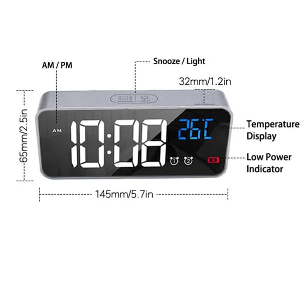 Digital vekkerklokke med LED-display, USB-ladeport, lydkontroll, alarmlyder, justerbart volum og lysstyrke, 12/24 timer, slumrefunksjon, B