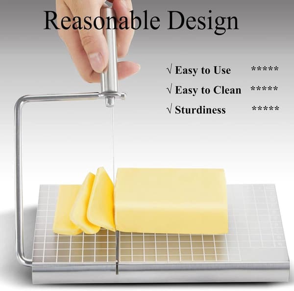 Cheese Slicer with Stainless Steel Frame, Cutting Board with Grid, and 5 Replacement Wires for Cheese Blocks and Home Kitchen