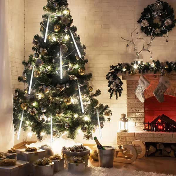 Udendørs julepynt, meteorregnlys LED 8 rør istap julebelysning til juletræ hjemmefest feriehave, hvid White