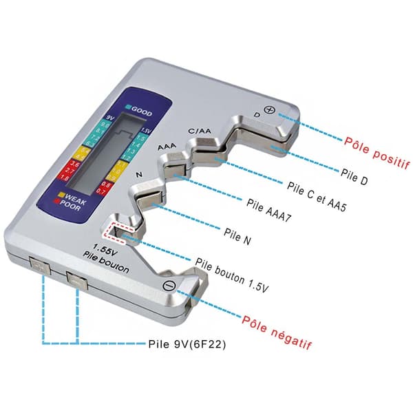 Universal digital batteritester til AA, AAA, CDN, 9V og 1,5V knapcellebatterier.