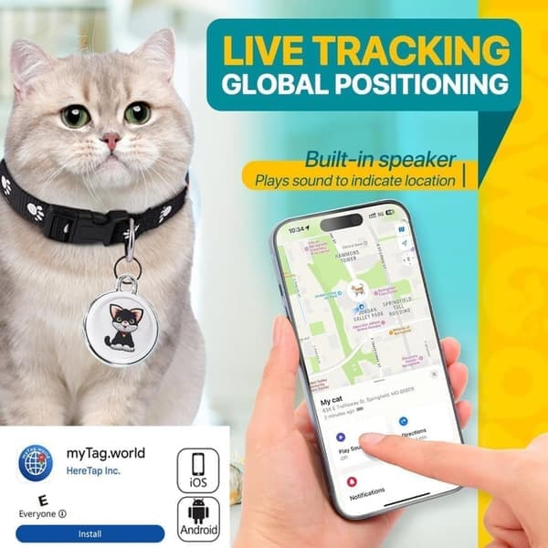 GPS-tracker til hunde og katte, vandtæt kæledyrstracker uden månedlige gebyrer, kompatibel med Android og iOS