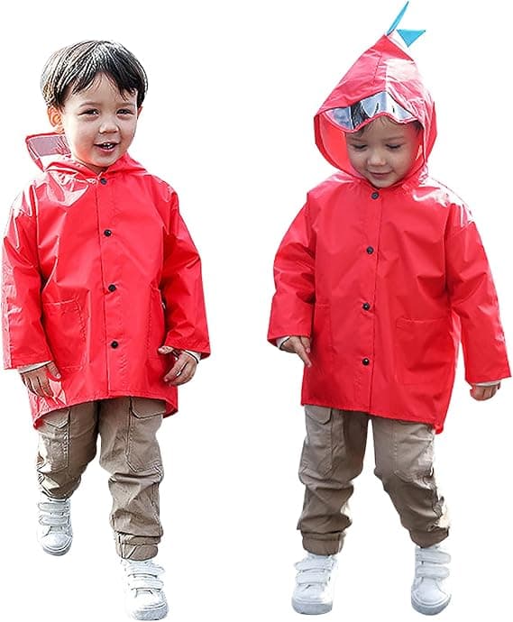 Röd barnregnrock, 5-8 år huvad regnponcho jacka för