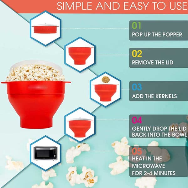 Foldable Red Silicone Popcorn Bowl - Microwave Safe Serving Bowl for Snacks
