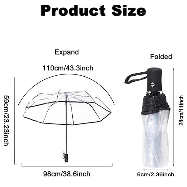 Automatic Open Close Clear Umbrella, Compact Foldable Transparent Umbrella, Windproof Travel Umbrella with 8 Ribs for Women Men (Black)