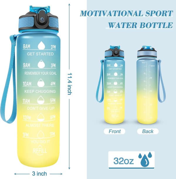 Blue + Yellow - 1 x Water Bottle - 1 Liter - with Timer and Strap
