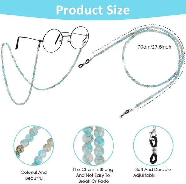 Beaded Glasses Chain Set, 2-Pack, Adjustable Non-Slip ABS Straps for Eyeglasses, Sunglasses, and Face Masks, Blue, 70 cm