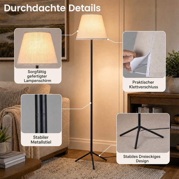 Moderne gulvlampe med tekstilskjerm og stativfot