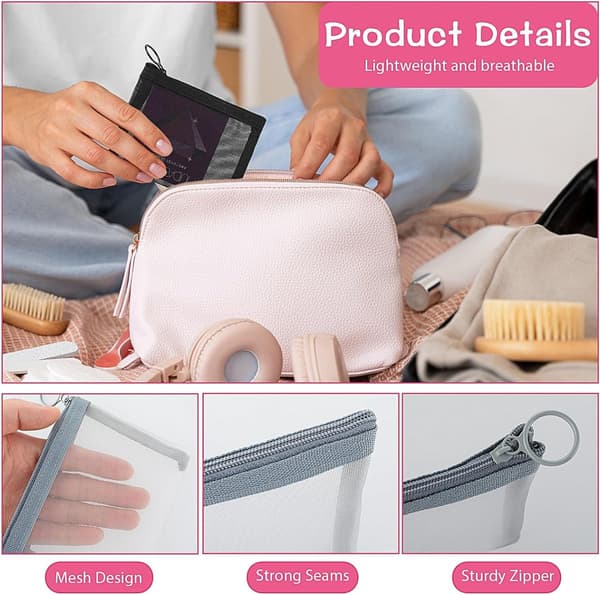 Mini Mesh Zipper Pouch, Small Bag Organizer, Makeup Bag, 14x10cm, 5-Pack