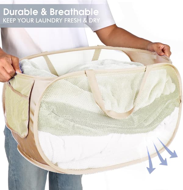 Durable Foldable Laundry Baskets, Mesh Pop Up Laundry Hamper with Practical Pocket, Collapsible Clothes Hamper with Reinforced Carry Handles-Beige