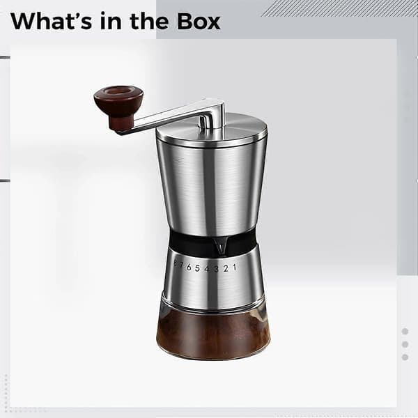 Manual Coffee Grinder with Adjustable Ceramic Burr, Eight Precision Settings, Wooden Handle, Glass Chamber