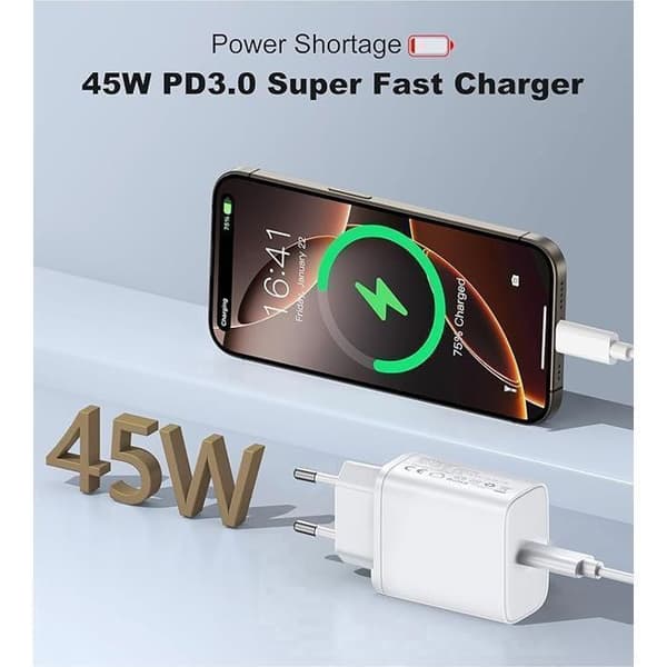 45W Fast Charger White USB-C 1M Compatible with Samsung Galaxy A16 A15 A36 A56 White Vit