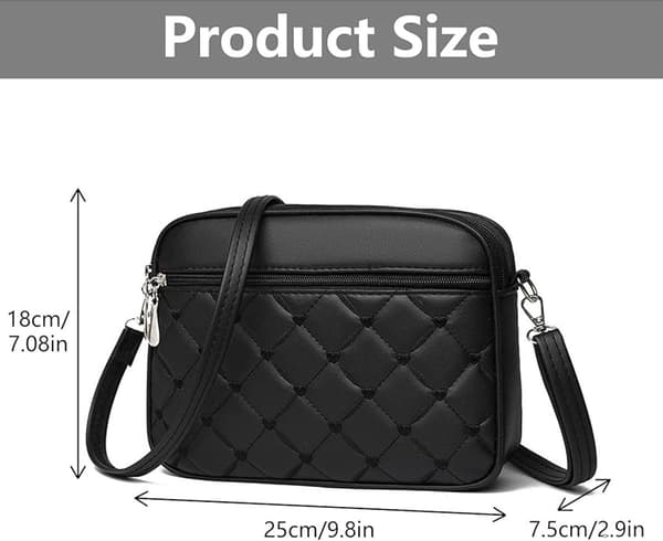 Women's Phone Bag, PU Quilted Heart Design, Multiple Zipper Pockets, Adjustable Detachable Strap, Black, 25 × 7.5 × 18 cm