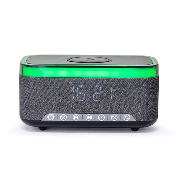 Digital alarm clock with speaker, wireless charging and RGB lighting