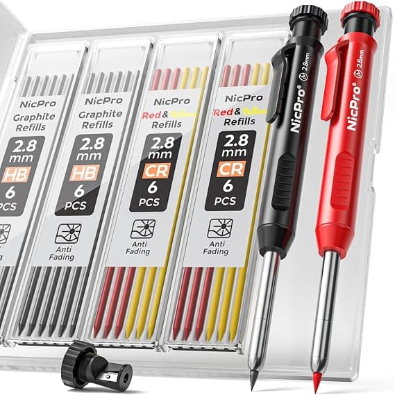 Nicpro Carpenter Pencil with Sharpener, Mechanical Pencil Set with 26 Refills | Deep Hole Marker for Construction, Heavy Duty Woodworking Tools Red 1 Pack Red 1 Pack