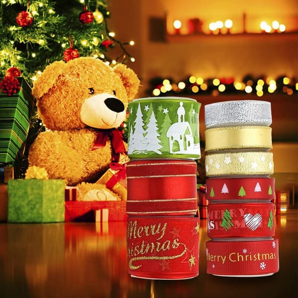 Julebånd 9 gavebånd rød/sølv/guld/grøn grosgrain