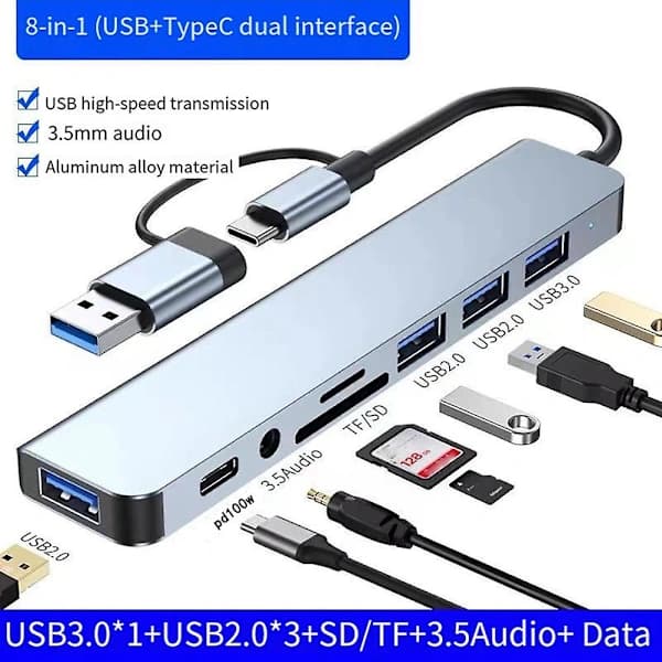 USB-dockingstation, 8-i-1-hub, med PD100W, SD/TF, Audio 3.5, 4 USB-porte, til bærbare computere, T