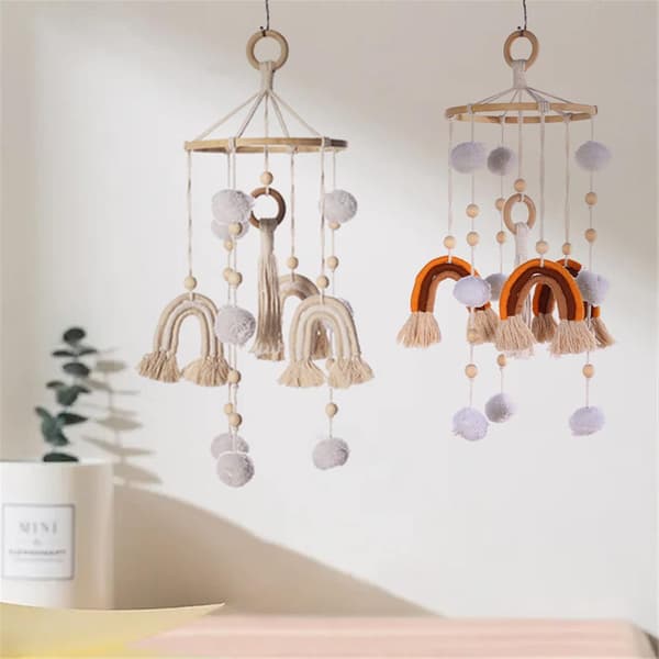 Rainbow Cot Bell Wind Chime Mobile Baby with Pom Pom Kids Hanging Cot Mobile Wind Chime