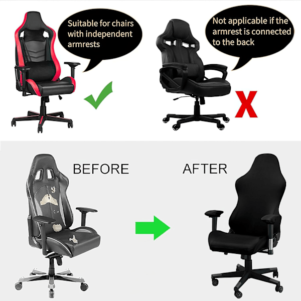 Gamingstolbetrækssæt med armlænsbetræk, strækbart, vaskbart mælkesilke til kontorcomputer-racerstole, sort, 4 dele