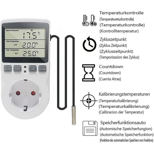Ketotek 230 V Temperaturregulatorstik med sensor Digital termostatstik med timerstik Termostat Tidsafbryder til drivhus akvarium