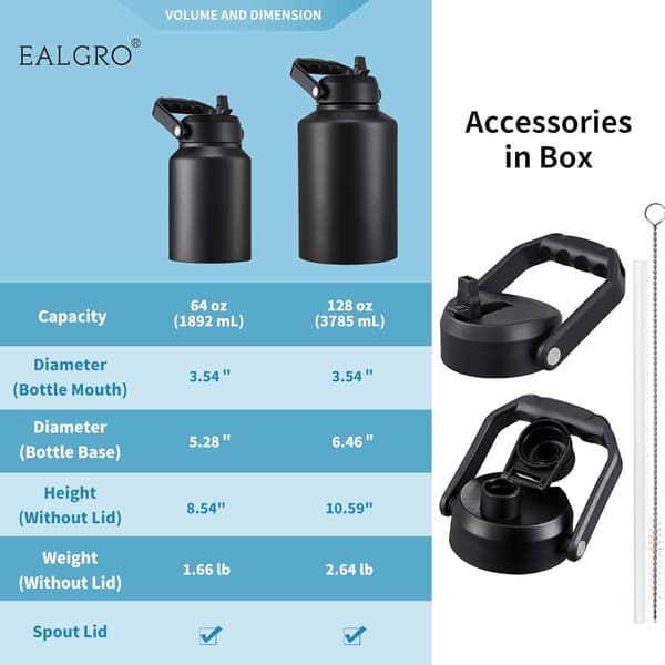 Black Half Gallon Insulated Water Bottle with Straw