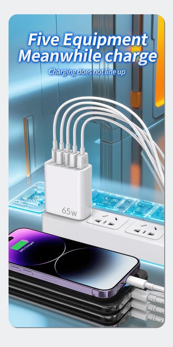 65W USB-lader med 5 porter: 2 USB-C + 3 USB-A - Hurtiglading QC 3.0 - Kompatibel med Samsung/iPhone/Xiaomi/etc