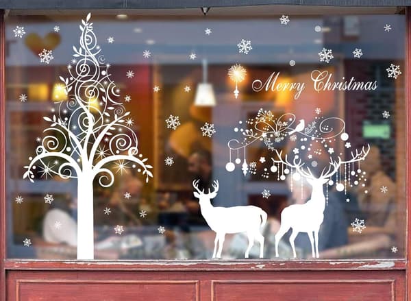 Large White Christmas Tree Reindeer Door Window Stickers