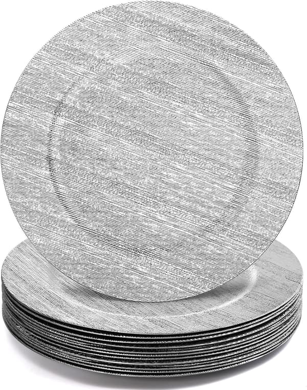 12-pack silverladdningsplattor, 13 tum runda dekorativa plastplattor för middagsfat Silver