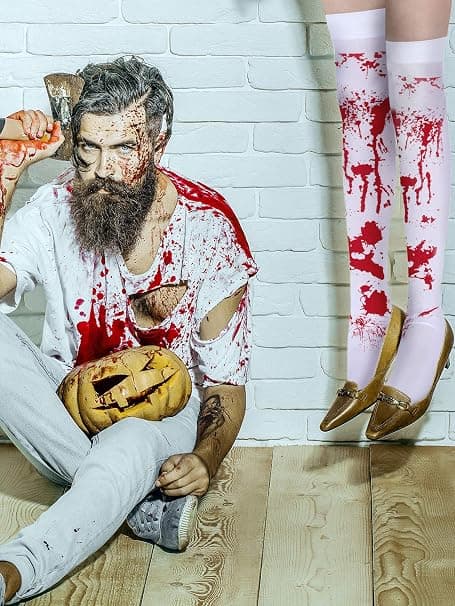 Hvide blodplettede kvinder Halloween cosplay strømper, 2 høje strømper