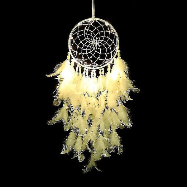 LED Drømmefanger Veggdekor Hvit Fjær Drømmefanger Med Lys, Håndlaget Perle Boho Vevd Kunst Ornament