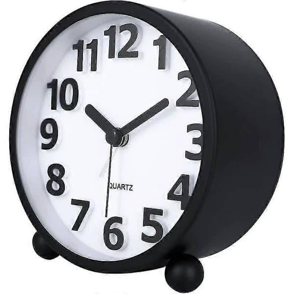 (pow yeah!) Silent Analog Alarm Clock, Black Metal Large 3D Numbers, Non-Ticking Desk Clock With Night Light Bedside Alarm Clock 10.8cm