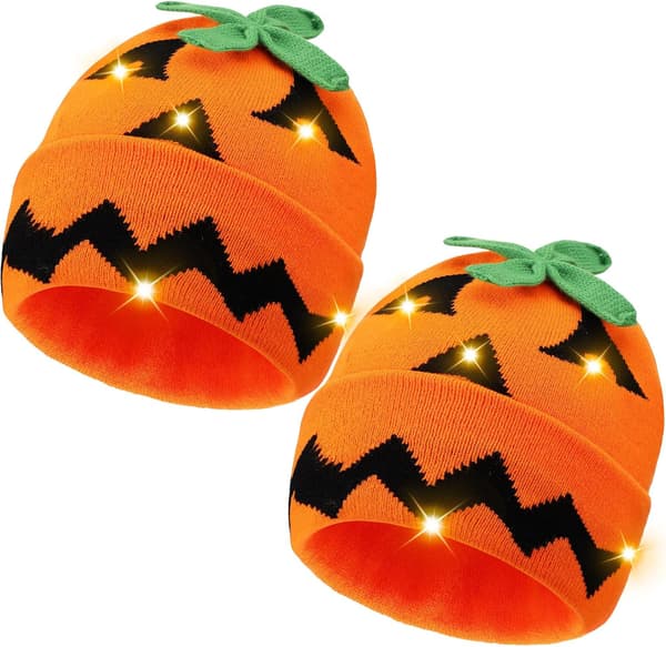 2 stk. Halloween LED lysende hue, græskar spøgelses strikhue