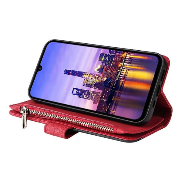 Multifunktionelt Etui Til Samsung Galaxy A16 Etui Lynlås Pung Læder Telefonbeskyttelse Stativ Rød Red