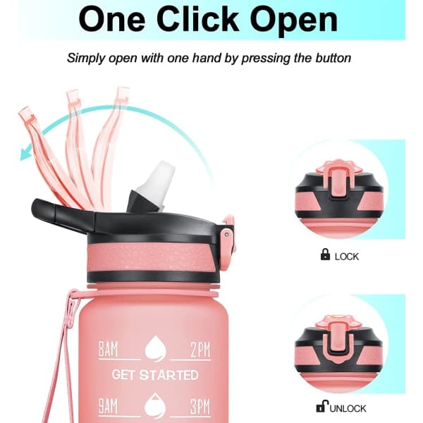 Water bottle with straw and handle with buckle, pink (1 liter)