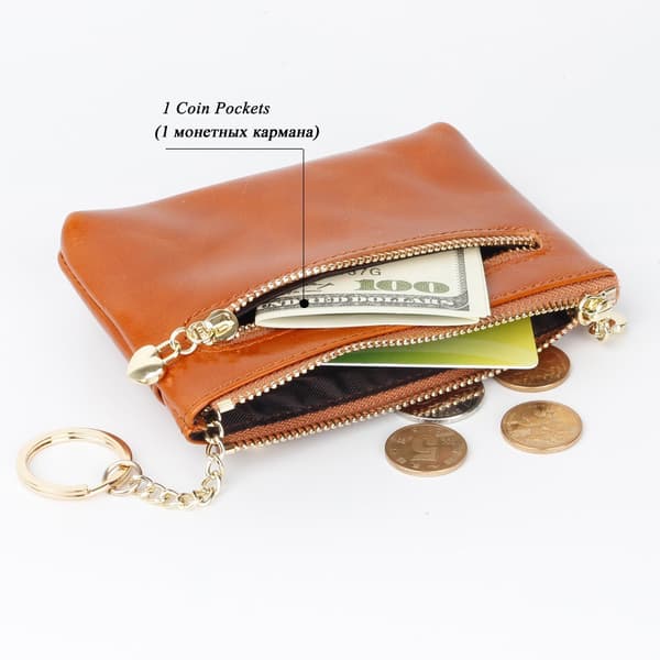 (Brown) Genuine Leather Women's Mini Coin Purse with Zipper, Key