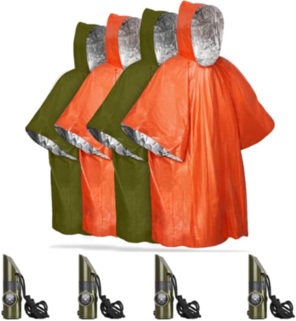 Emergency Rain Poncho 4-pack, with Whistles, Reusable, Green + Orange