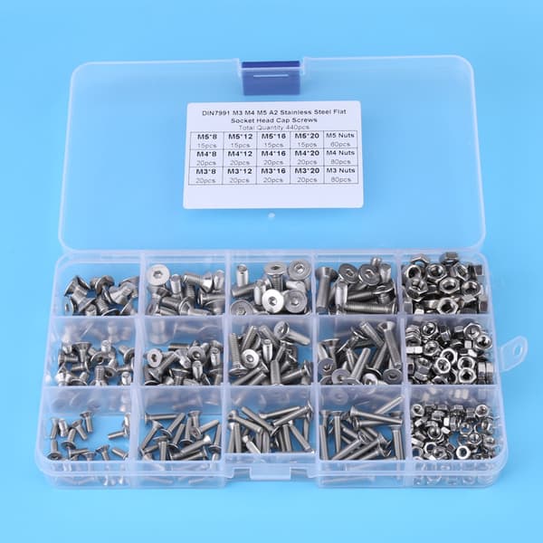 Stainless Steel Hex Socket Flat Head Screw Bolts and Nuts, 440 Pcs