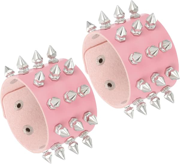 2 st läder punkarmband 8,7\"/22cm lager rad koniska spikar rosa Green