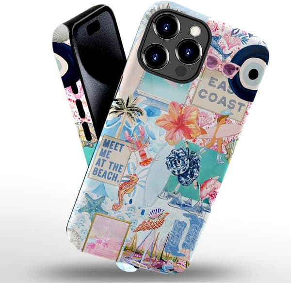 Generic Case Compatible with iPhone 16 Pro Max, Scratch-Resistant Hybrid 2-Layer Hard Case, Seashell Beach Summer Jellyfish Collage