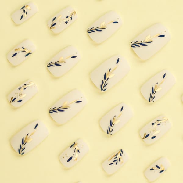Gold Blue Leaf Press on Nails, Gold Foil Design, Acrylic Nails Glossy Artificial Fingernails Spring Stick on Nails