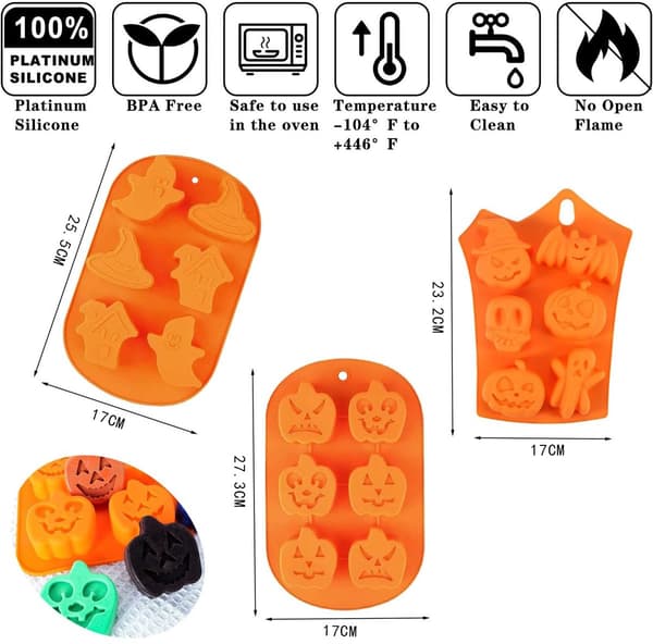 Orange Halloween Silicone Mold - 3D Pumpkin Face, Skull Candy, Chocolate, Cake Decoration