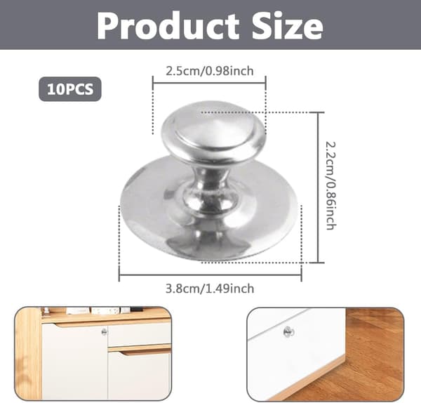 Round Door Knobs, Self-Adhesive Stainless Steel Drawer Knobs, 38 x 24 mm Kitchen Cabinet Knob (10 Pieces, Silver)