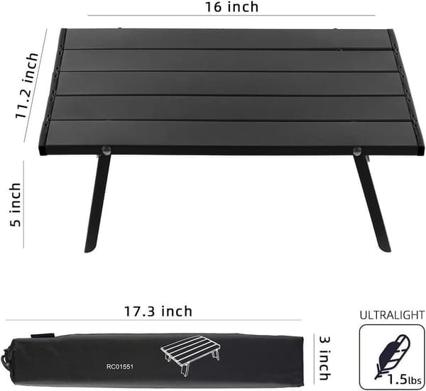 Hopfällbart strandbord i aluminium, bärbart campingbord, ultralätt, svart
