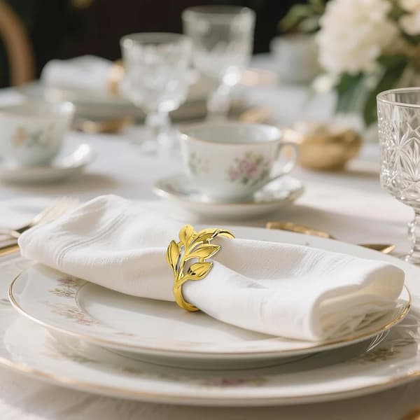 10 stk. Guld Servietringe, Bladformede Servietringe i Rustfrit Stål til Efterår Thanksgiving, Jul, Påske, Middagsbordsdekor, Bryllup, Banket, Par